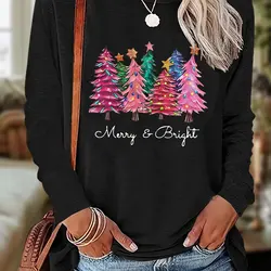 Women's Christmas tree print T-shirt casual round neck long sleeved top