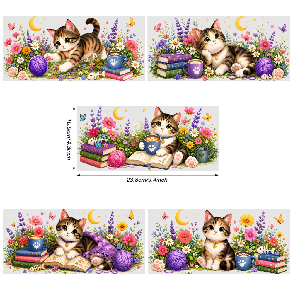 5 Sheets Cute Cat Floral Book Yarn Moon Butterfly UV DTF Stickers for 16 oz Tumbler Mug Decoration Gift Glass DTF Transfer