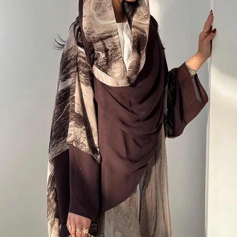 

2025 Elegant Long Sleeve Long Jackets Casual Thic Coat Wear With Headscarf For Women Fashion Pattern Printed Muslim Cardigans