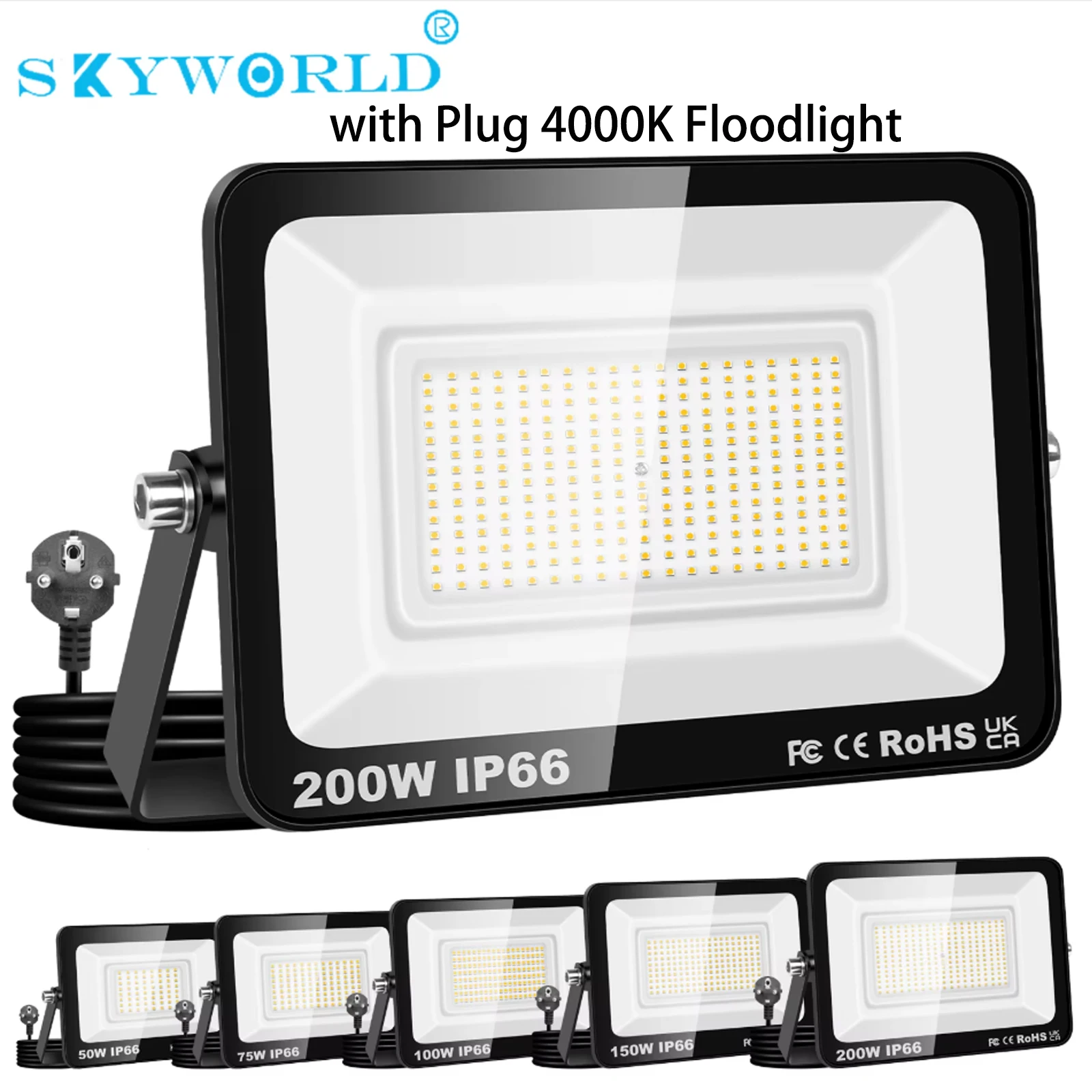 

SKYWORLD 50W-200W LED Flood Light 110V 240V Floodlight with Plug Street Garden Wall Lamp Outdoor Lighting 4000K Outside Lights