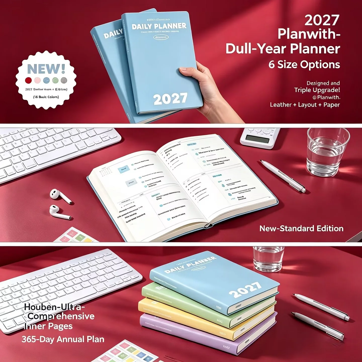 Planwith A5 Notebook PU Cover 2027 Full‑Year Daily Planner Agenda Options 365‑Day  Schedule Book Multi‑Color Time Management