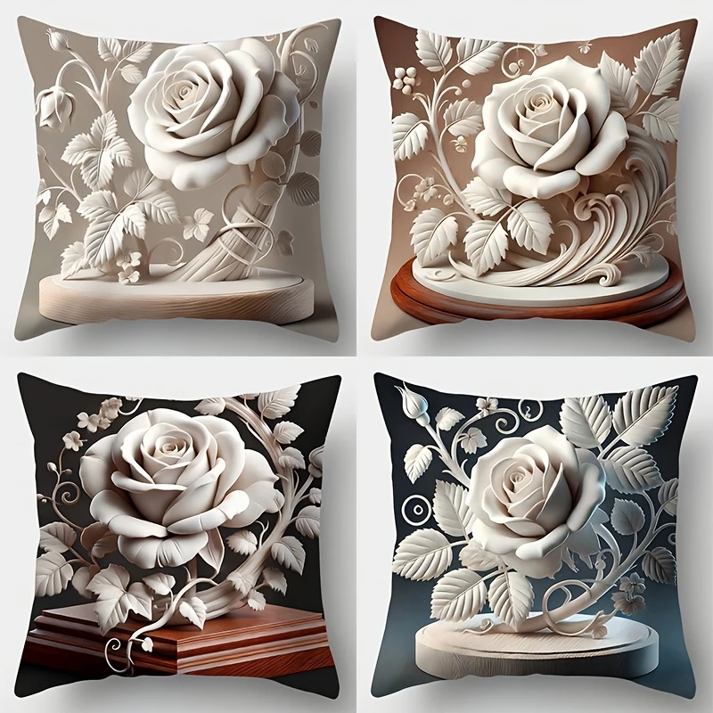 3D Effect Rose Sculpture Pattern Decorative Throw Pillow Cover 2D Printed Polyester Sofa Cushion Case for Elegant Home Decor