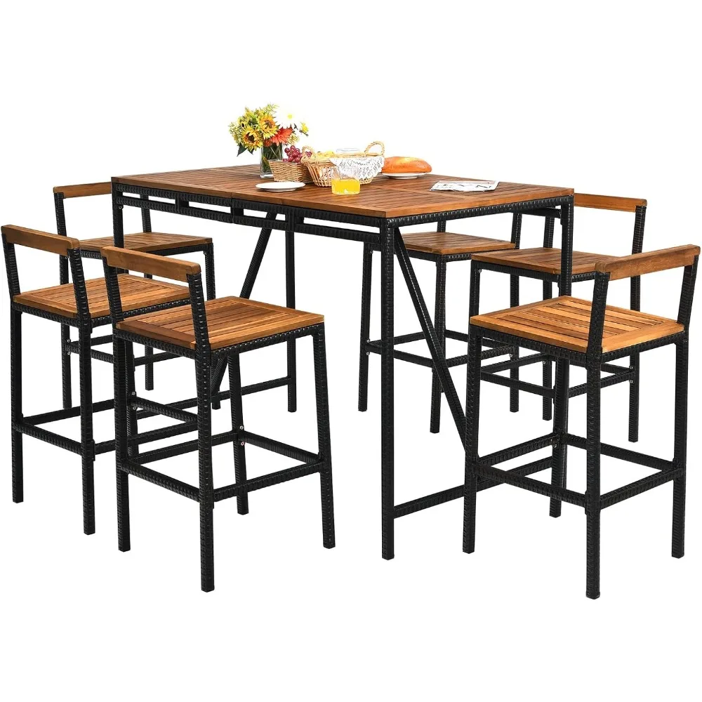 

7 Piece Patio Bar Table Set with Umbrella Hole Acacia Wood High-Dining Bistro Set with 6 Bar Stools, PE Wicker Outdoor Bar Set