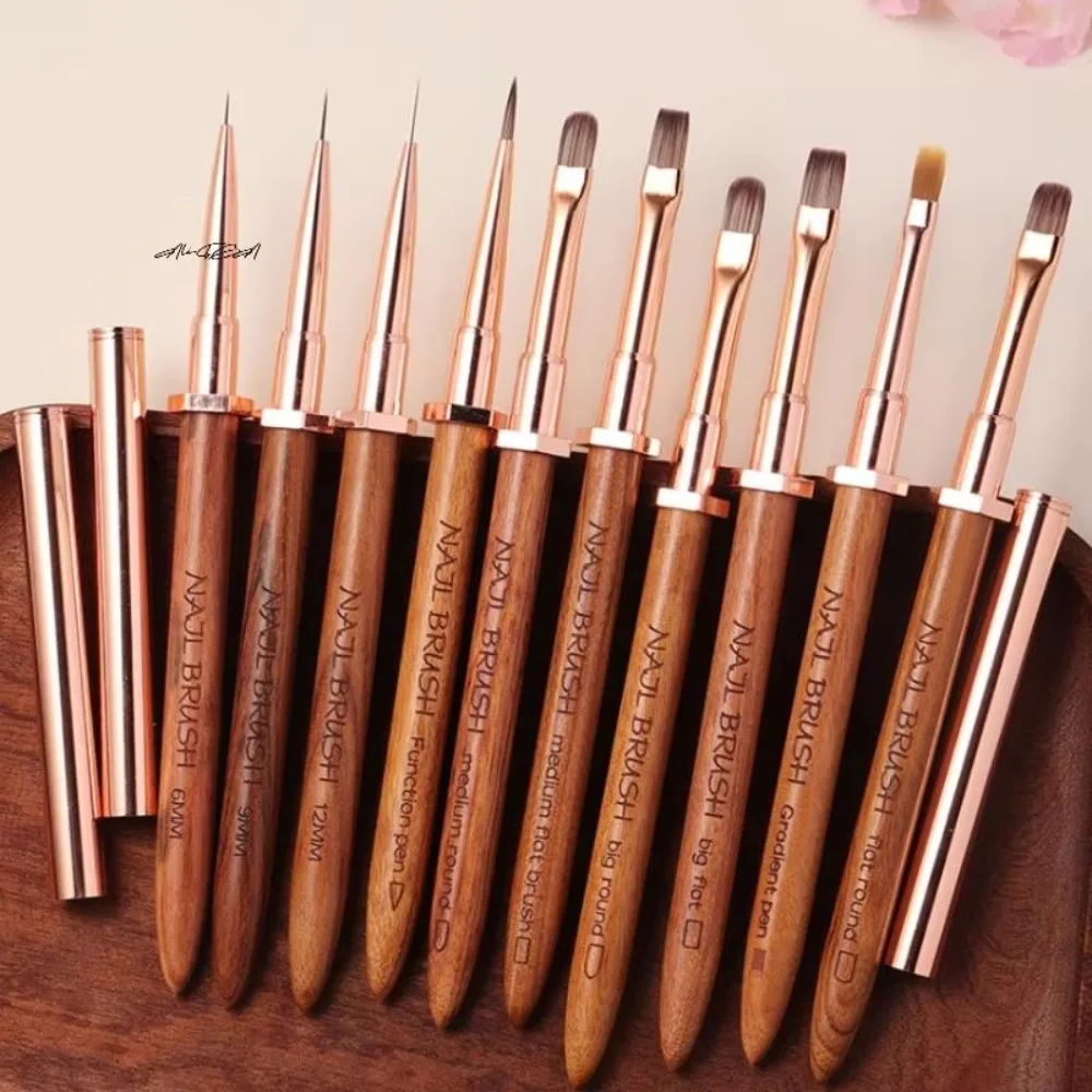 New Sandalwood Handle Nail Art Brushes Portable Pen Rack Design Nail Design Pen Drawing Tool Nail Salon