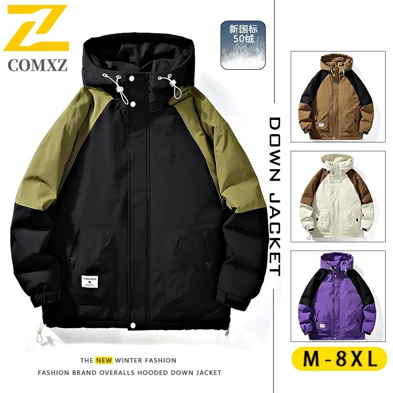 

COMXZ Winter Men Puffer Jacket Thickened Loose Fit Trendy Plus Size Cotton-Padded Down Coat Hooded Patchwork outdoor Outerwear
