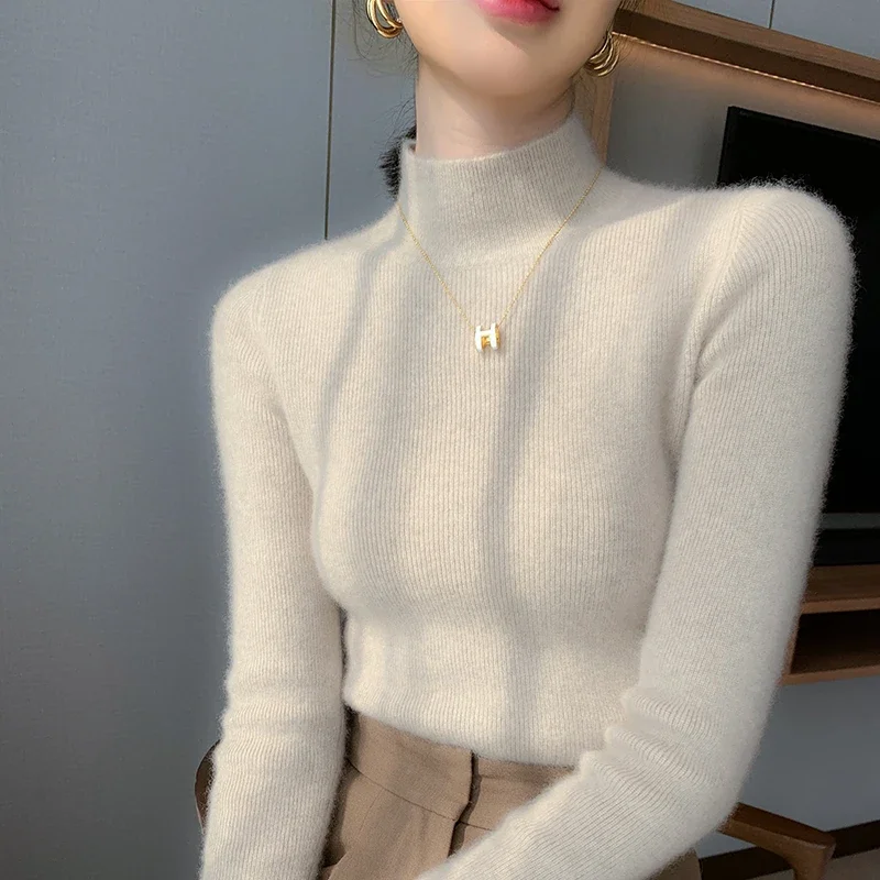 

2025 Black Long Sleeve Turtleneck Soft Pullovers Autumn Winter Women Sweater Slim Fit Bottoming Shirt Basic Strecth Knitted Tops