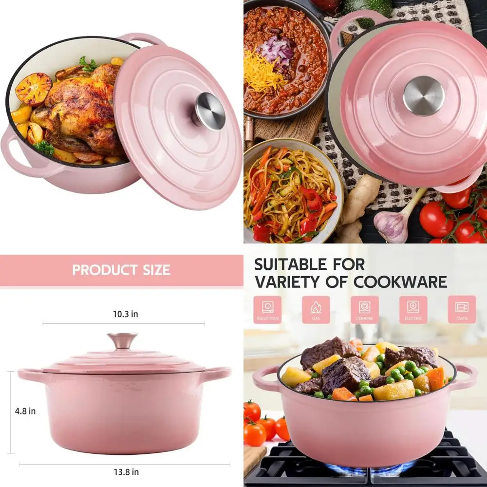 

Эмалированная чугунная жаровня с крышкой, 6 кварт, с двумя ручками, выдерживает температуру до 500°C ° Круглая кастрюля для приготовления пищи (розовая)