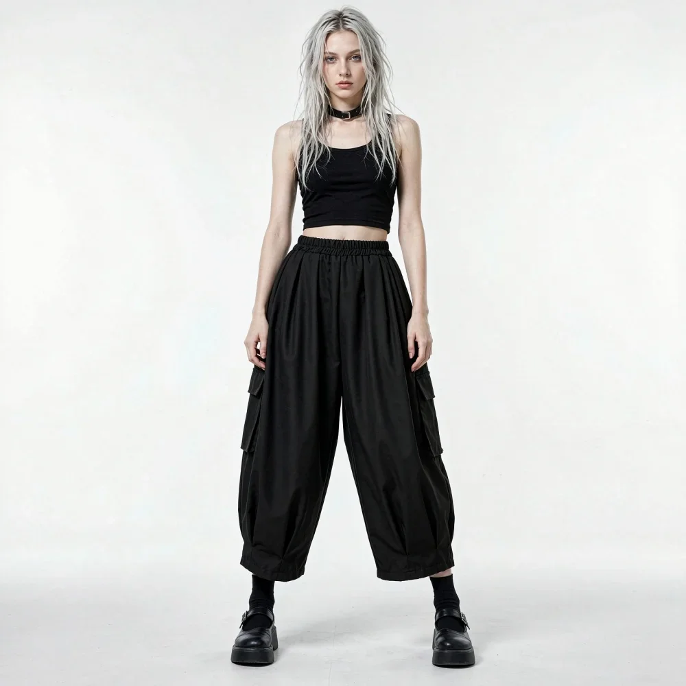 Black Vintage Oversized Cargo Pants for New Women High Elastic Waist Loose Casual Multi Pocket Streetwear Trousers