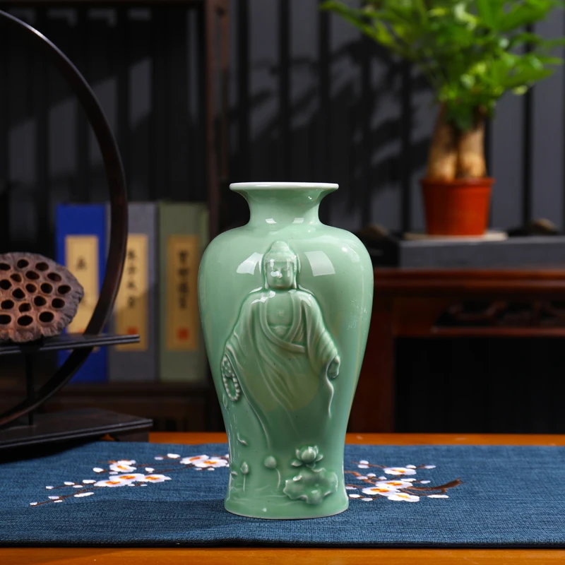 

Engraved celadon chinoiserie vase ceramic crafts home living room ornaments entrance hall ancient rack decorations