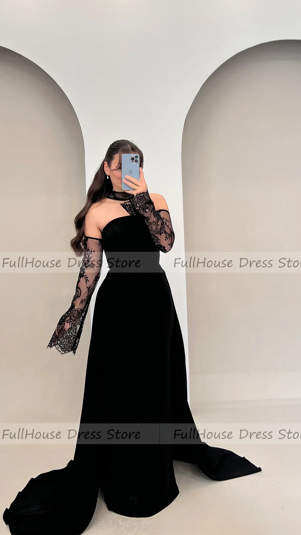 Nach Maß, bezauberndes U-Boot-Kragen, 3/4-Ärmel, Spitze, Hochzeitskleid, Etuikleid, sexy, rückenfrei, bodenlanges Abendkleid mit Schleppe