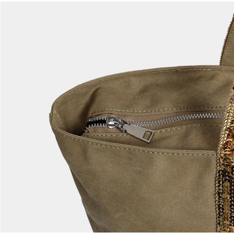 Pailletten-Canvas-Einkaufstasche mit Reißverschluss, große Kapazität, Vintage-Kontrastfarbe, Damen-Umhängetasche, Designer-Pendler-Alltagshandtasche, Schwarz – Detail 3