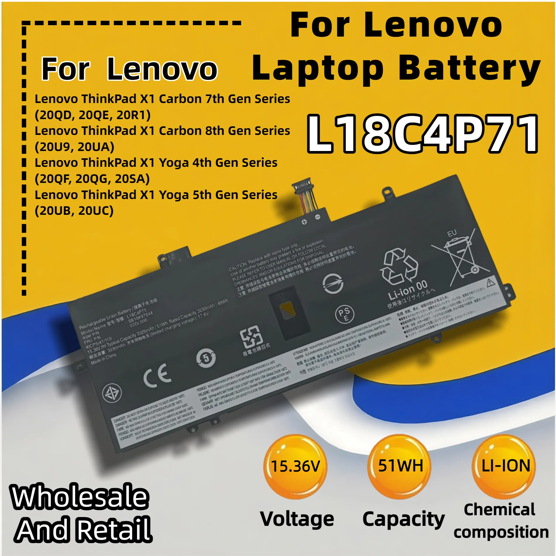 FRLESUI L18C4P71 15.36V Battery for Lenovo ThinkPad X1 Carbon 7th 8th Gen X1 Yoga 4th 5th Gen L18L4P71 02DL004 02DL005  L18M4P72