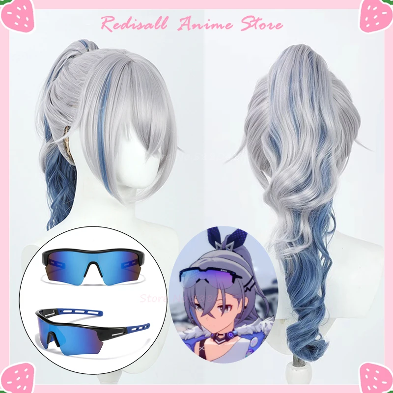 

Star Rail Silver Wolf Wig Cosplay Glasses Long Curly Ponytail Grey Blue Hair Synthetic Scalp 2023 Game Headwear Prop