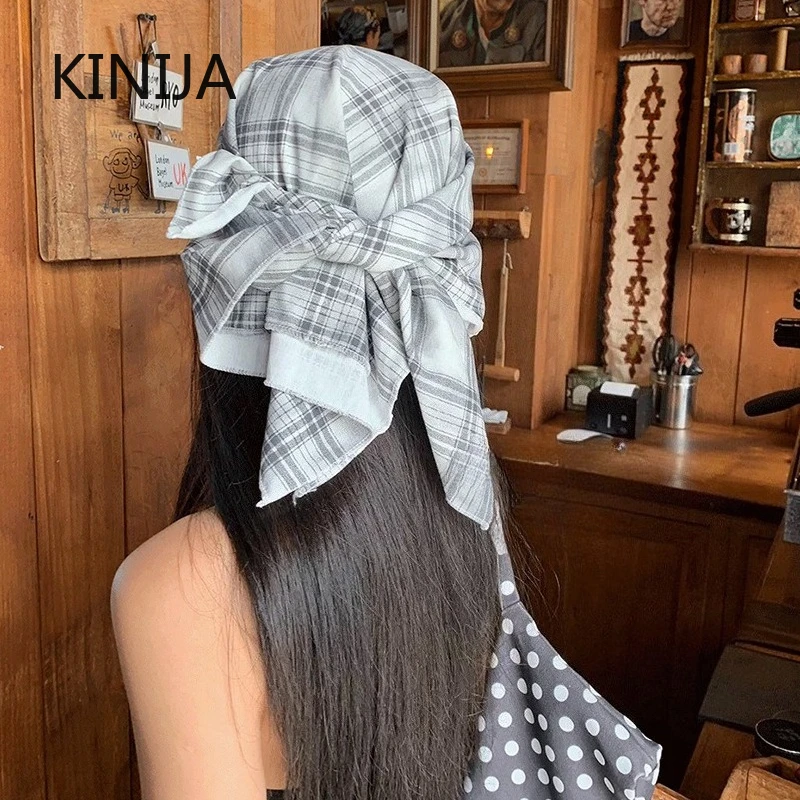 Korean Colour Plaid Strap Headscarf Hats for Women Sunmmer Seadise Beach Vacation Sun Protection Y2k Versatile Sun Hat Overhead