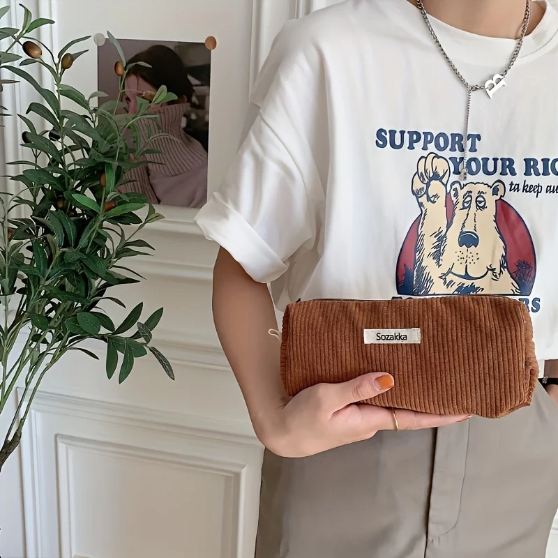 Trousse de toilette en velours côtelé, 1 pièce, Style Vintage mignon, organisateur cosmétique lavable avec fermeture à glissière |   Léger |   Lavage en machine