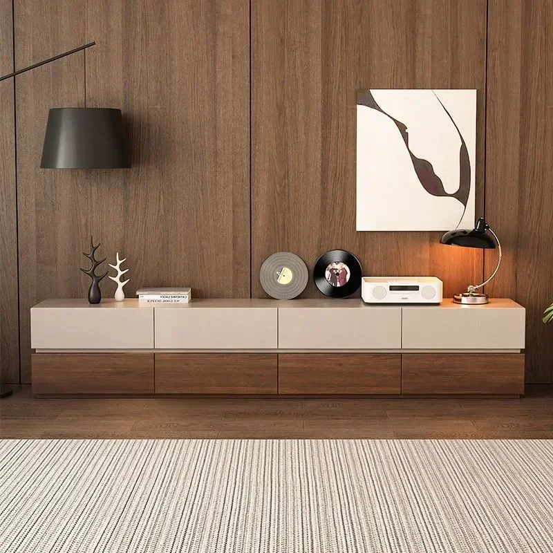 Simple Modern Solid Wood TV Cabinet and Coffee Table with Storage Locker for Living Room Floor Standing Media Console