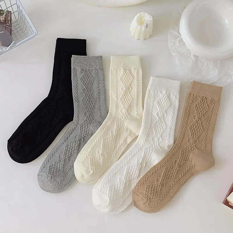 

Spring and summer solid color embossed pattern women's socks mid-calf versatile casual breathable Japanese pure cotton stockings