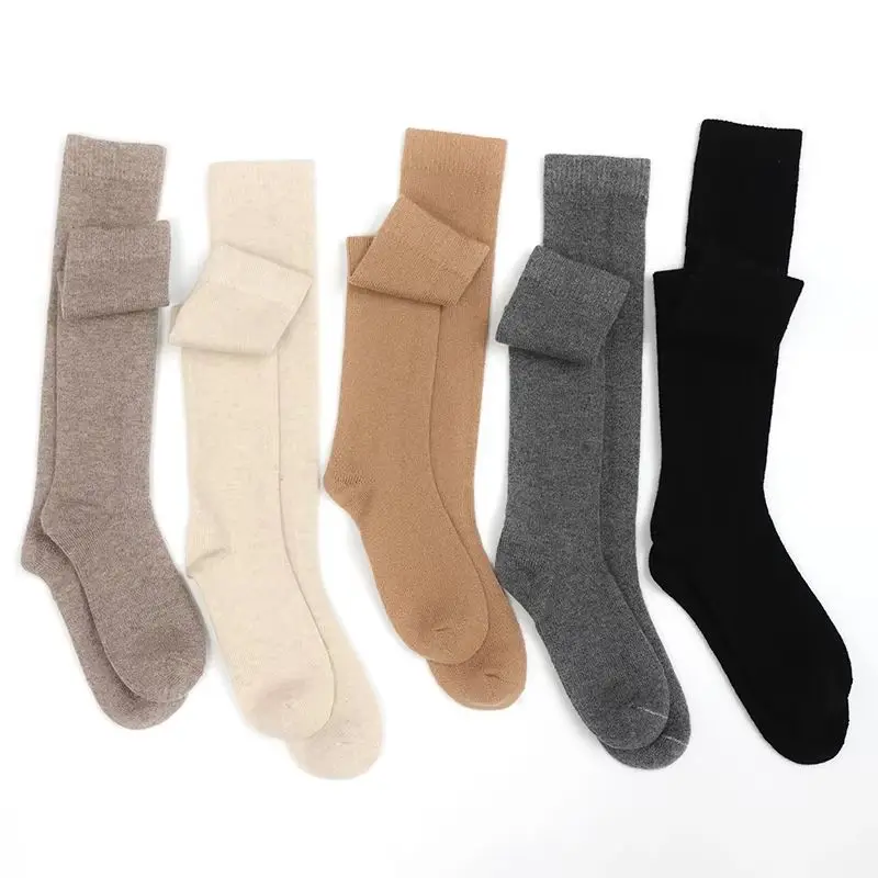 High-End Women's Mid-Calf Cashmere Socks Autumn Winter Thickened Warm Solid Color Knitted 100% Pure Woolen Socks