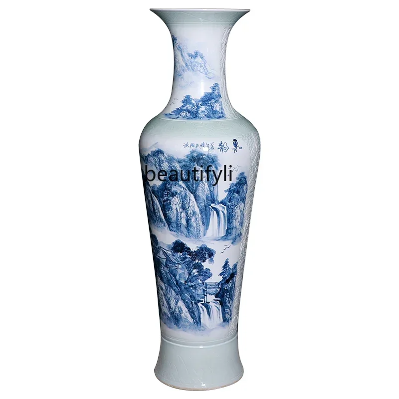 

Jingdezhen Ceramics Floor Carved Large Vase Hand Painted Landscape Porcelain Bottle Living Room Big Decorations Villa Decoration