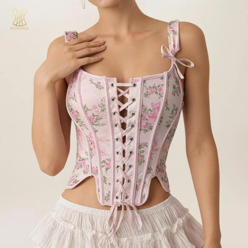 

sexy Floral pattern pink corset top Vest korset Front strap Bustier Top Crop Tops for women