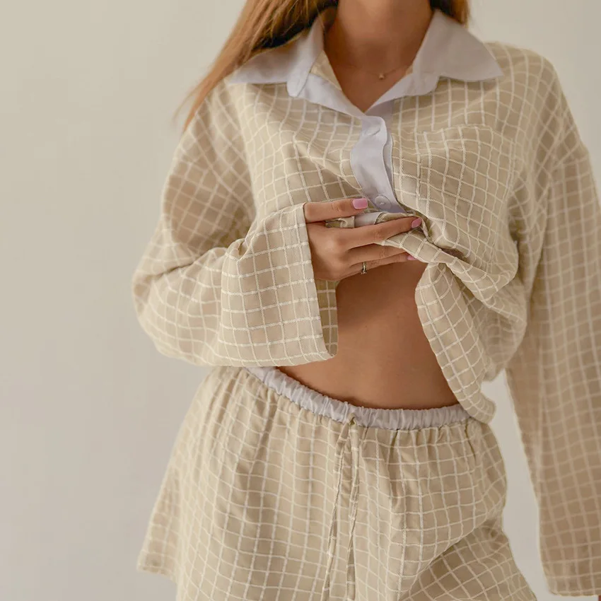 Indumenti da notte sexy per dormire le donne 2024 inverno plaid tessuto piatto pantaloncini a maniche lunghe pigiama set 2 pezzi loungewear ragazza