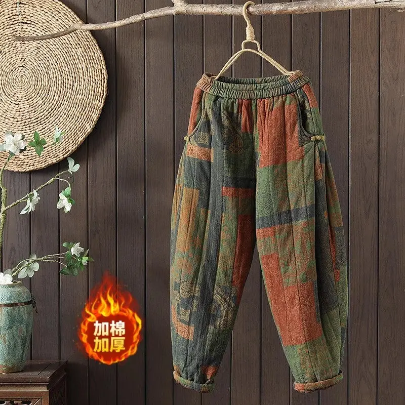 Damskie pikowane bawełniane spodnie wysokiej talii nadruk retro spodnie na co dzień luźny krój duże rozmiary zimowe termiczne elastyczny pas Z3855