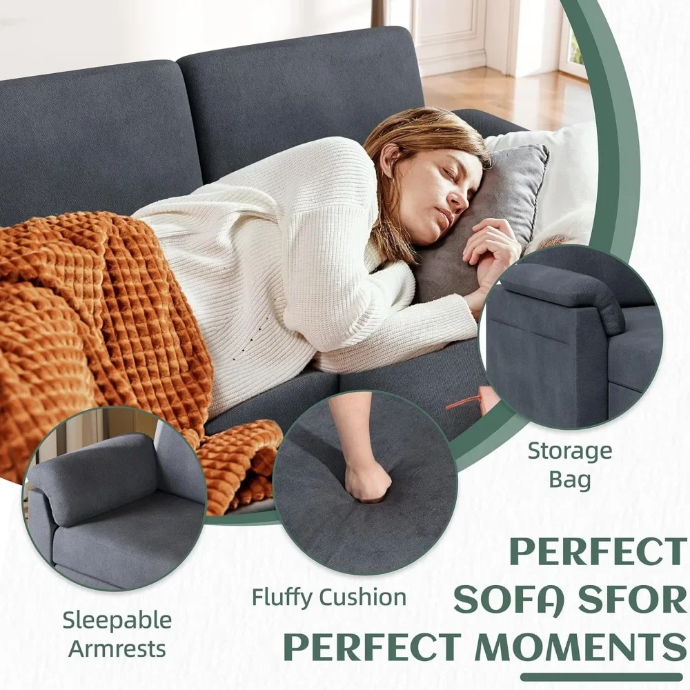 Seccional convertible con almohadas extraíbles, sofá pequeño de tela de lino de mediados de siglo para sala de estar, sofá en forma de L de 3 asientos