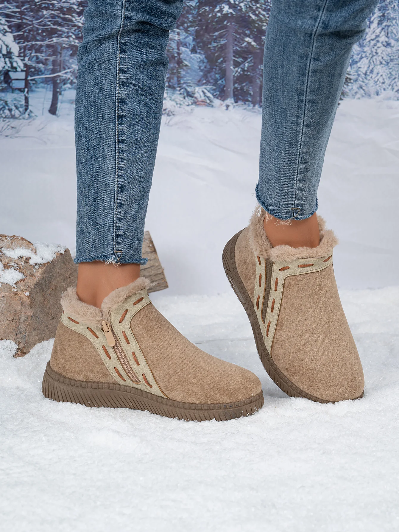 Damen-Winterstiefel Braun Damen-Knöchelstiefel mit seitlichem Reißverschluss, warm gefüttert mit Fleece, rutschfeste flache Schneestiefel für den täglichen Outdoor-Gebrauch. – Detail 7