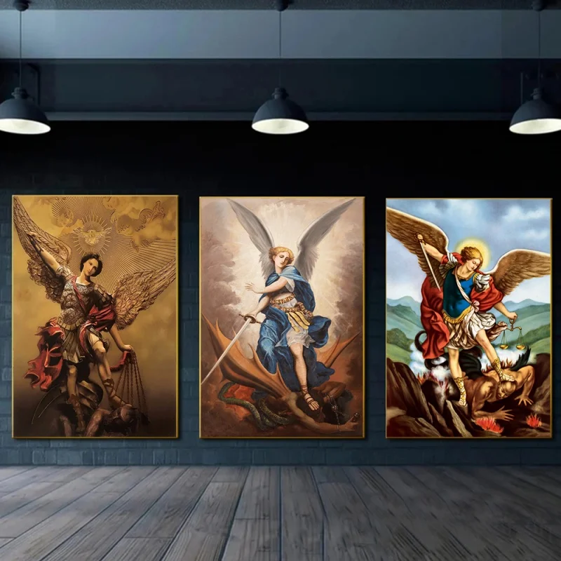 Arte de parede religiosa retrô, anjo cristão, óleo HD sobre tela, cartazes e impressões, Miguel Arcanjo, sala de estar