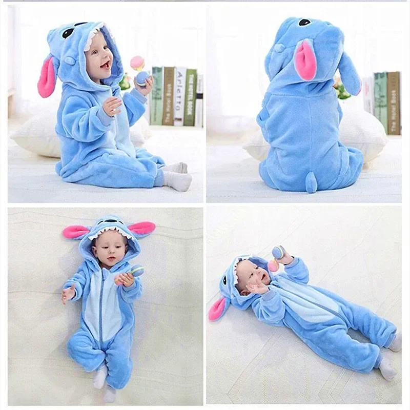 Unisex Baby Flannel Stitch Cosplay Romper Animal Onesie Costume Hooded Cartoon Outfit Suit