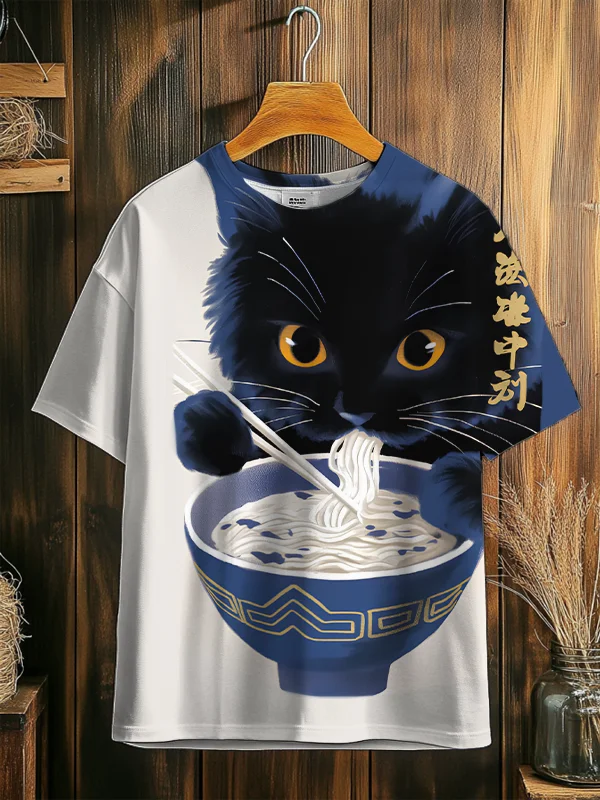 Men's Funny Black Cat Eating Ramen Print T-shirts 2025 New 3D Personality Kids Anime Tees Summer Men Women Short Sleeve Y2k Tops