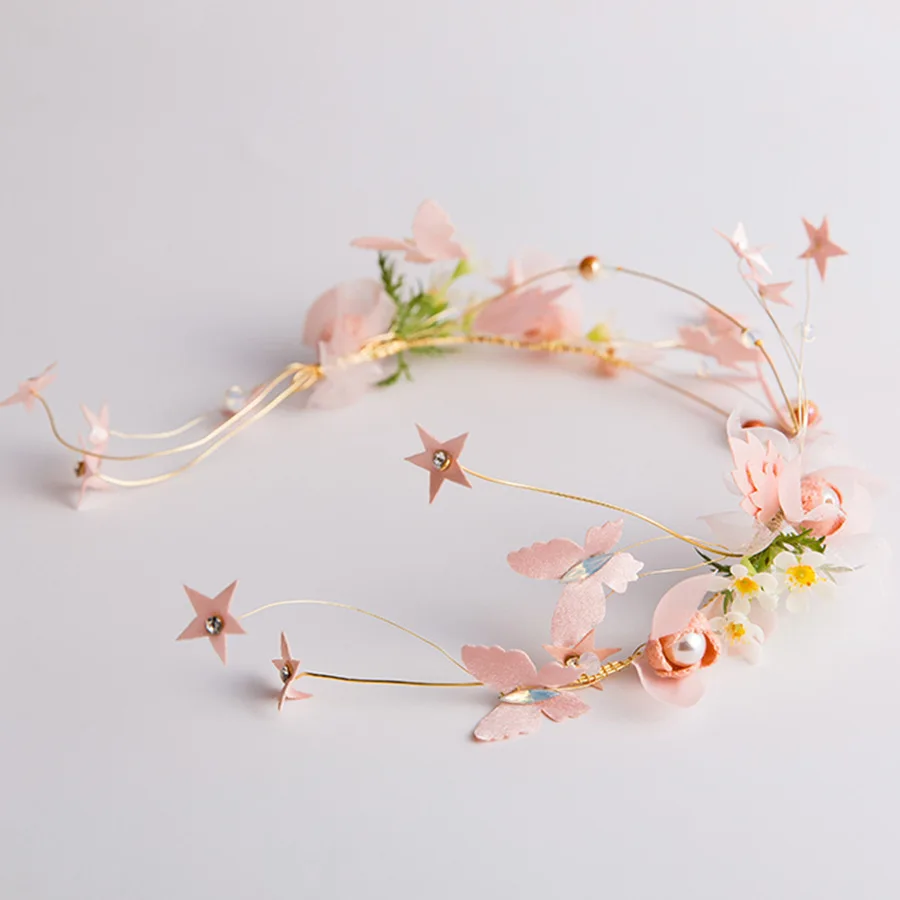 Women Hairband Sliver Pearl Pink Star Flower Bridal Hair Dress For Wedding  jewelry Headwear Bridal Hair Accessories