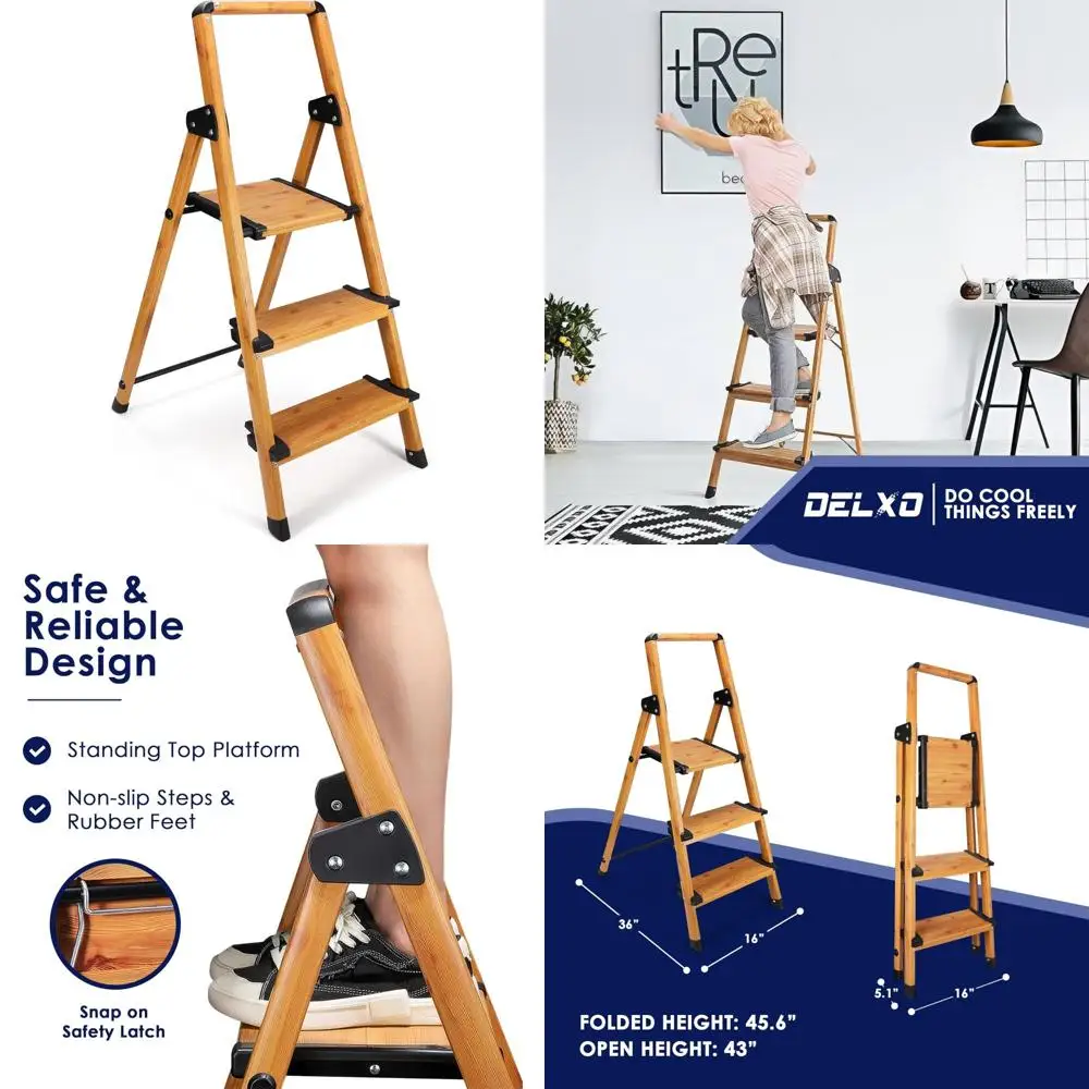 سلم محمول خفيف الوزن من الألومنيوم قابل للطي بثلاث خطوات مع درابزين طويلة ومزلاج أمان، لمسة نهائية من الحبوب الخشبية