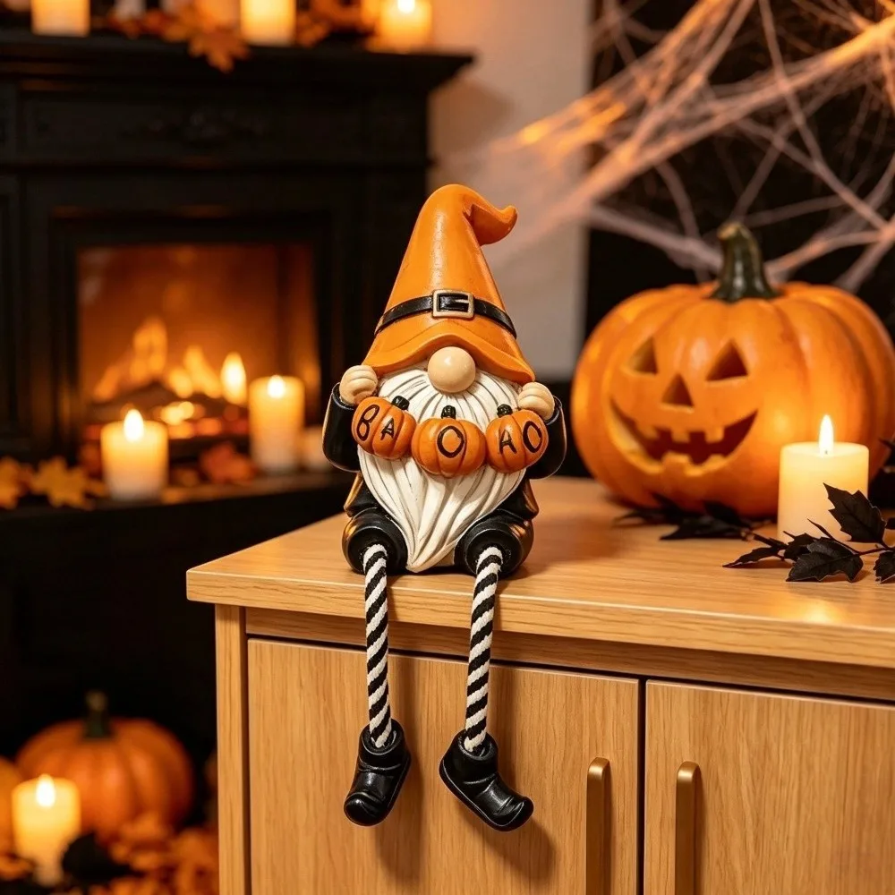 Hand-Painted Halloween Gnome Shelf Sitter Resin Pumpkin Crow Black Cat Gnome Figurine Striped Legs Spooky
