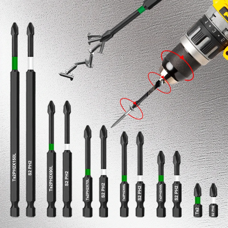 

6 шт./12 шт. магнитная противоскользящая крестовая отвертка S2, легированная сталь, шестигранный хвостовик, ударная дрель, аксессуар для электроинструмента