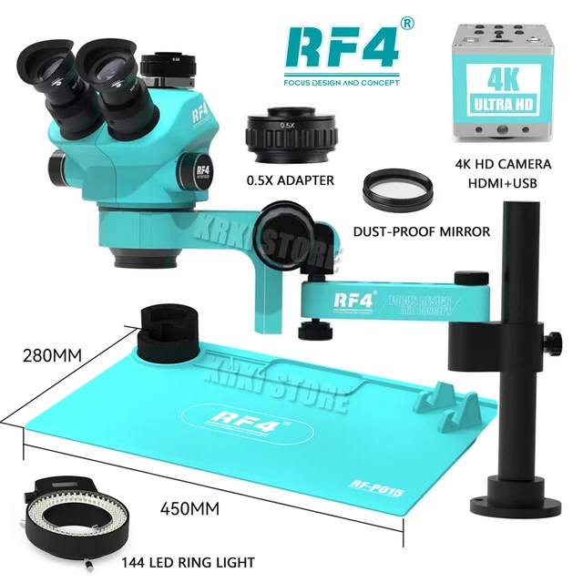 Trójokularowy mikroskop stereoskopowy RF4 Precyzyjne blokowanie powiększenia Zoom, 360° °   Uniwersalne ramię wahadłowe z regulacją obrotu 7050PRO-F019