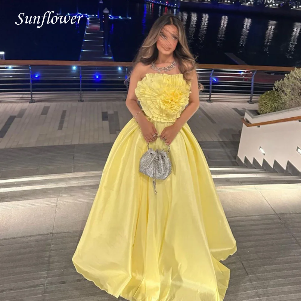 Sunflower Flowers Strapless Prom Gowns Backless A-LINE Evening Dress Slim Satin Floor-Length Party Dress 2023 High-end Custom