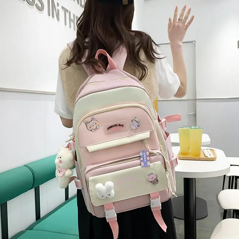 Kit de mochila escolar Kawaii con oso colgante, juego de mochila escolar de lona Oxford, 5 uds.
