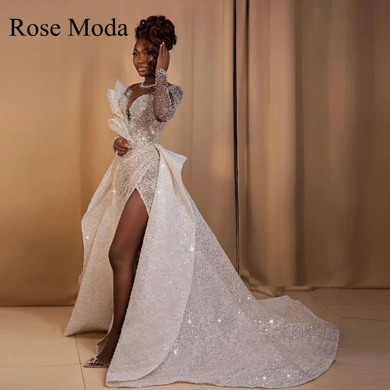 

Rose Moda Long Sleeves High Slit Crystal Lace Wedding Dress with Removable Skirt Real Photos Custom Make