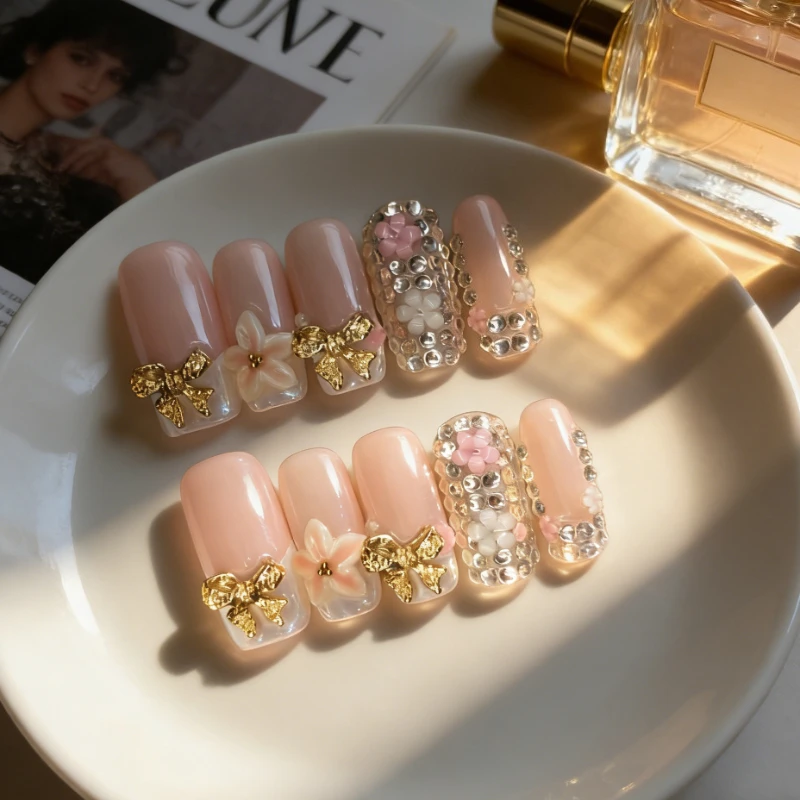 

10Pcs Handmade Press on Nails with 3D Gold Bow Flower Accents White French Nail Tips Bling Rhinestone Girly False Nail for Women