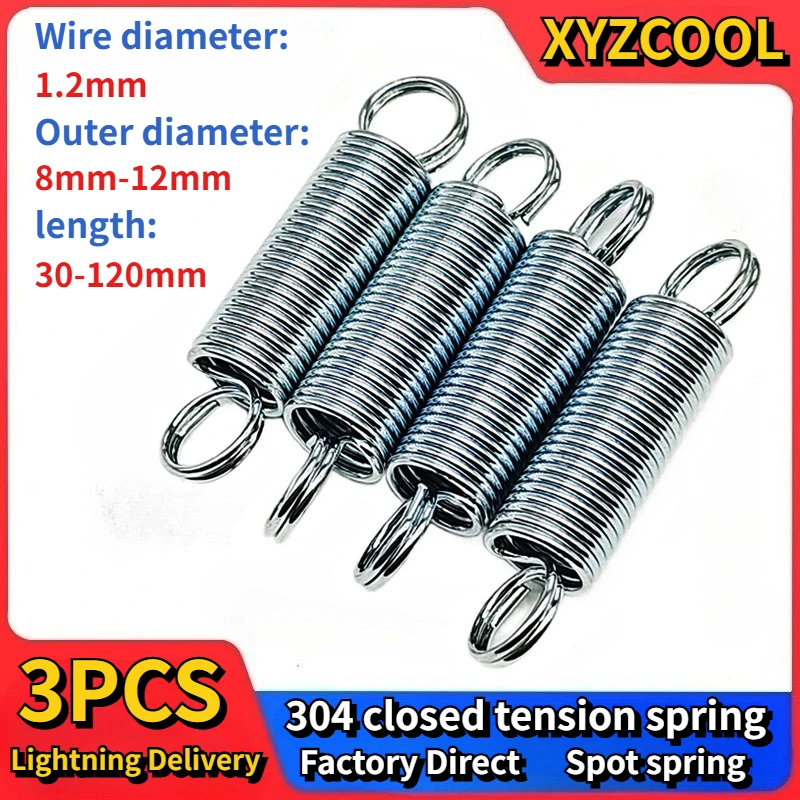 1.2mm Wire Diameter 304 Closed Double Coil Stainless Steel Tension Spring in Stock, Industrial Spring Can Be Customized 3PCS