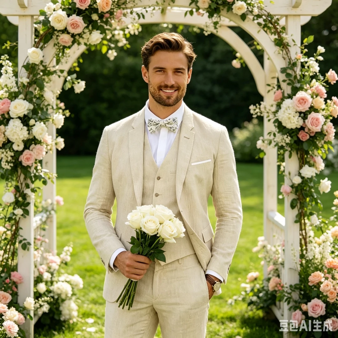 

3 Piece Beige/Blue Linen Wedding Men Suits Summer Groom Tuxedos Casual Beach Man Suits Set Jacket Vest with Pants for Party Prom