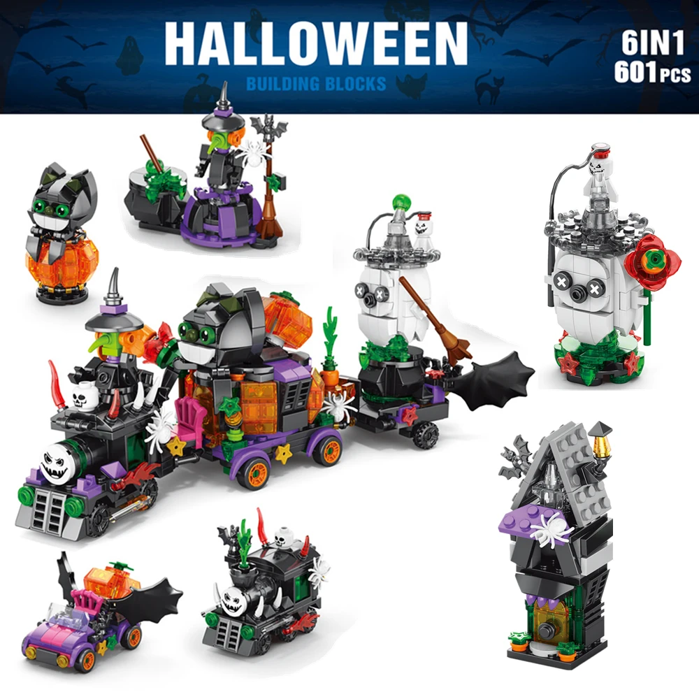 Halloween Horror Haunted House Ghost Train 6-In-1 Model Building Blocks Bricks Set Toys For Children Kids Gift