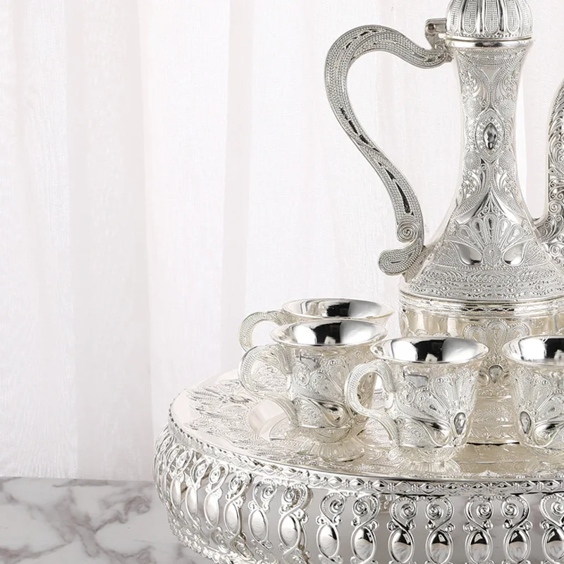Wine Set, Zinc Alloy Home Wine Pot Glass Set, European Exquisite Vintage Wine Glass,Creative Desktop Living Room Decoration,1Set