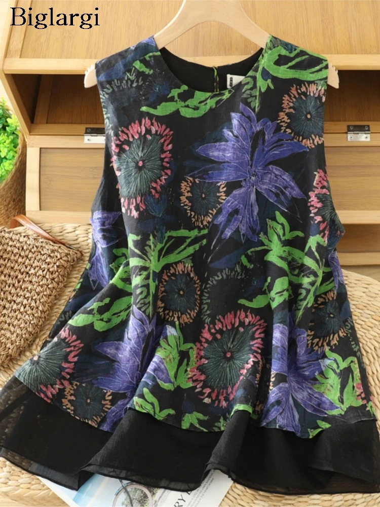 

Oversized Summer Sleeveless Tops Women Flower Floral Print Fashion Ladies Blouses Casual Loose Woman Tops