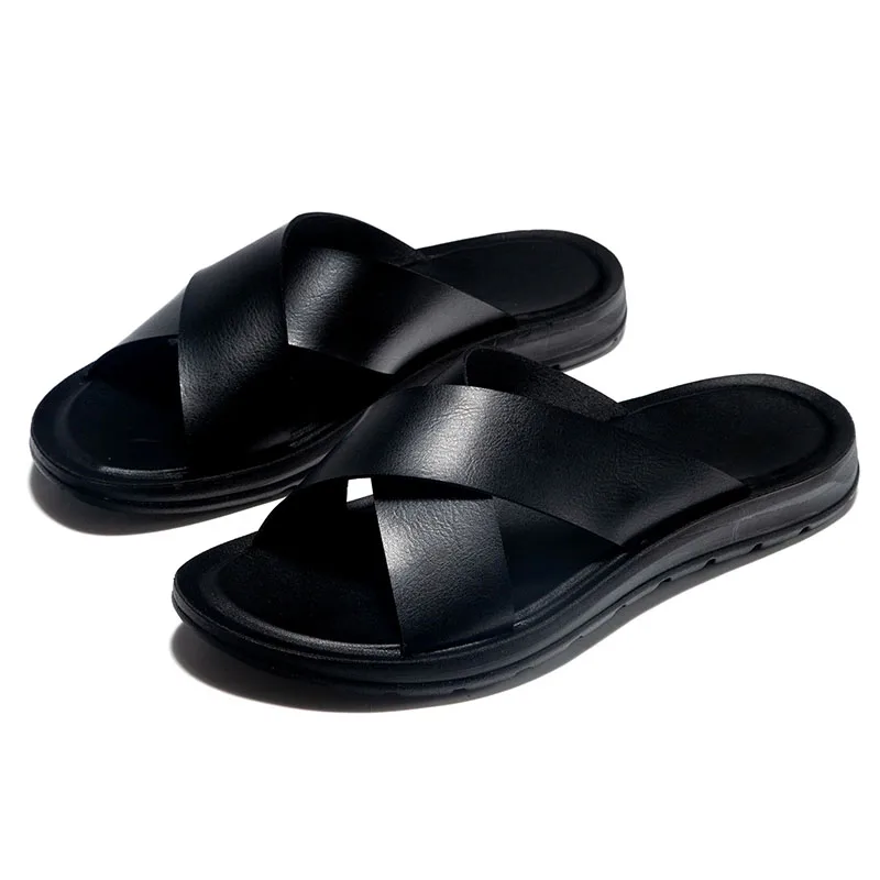 Italian Designer Summer Men PU Leather Slippers Slides Indoor Home House Outdoor Beach Slip on Shoes Flats Male Lightweight