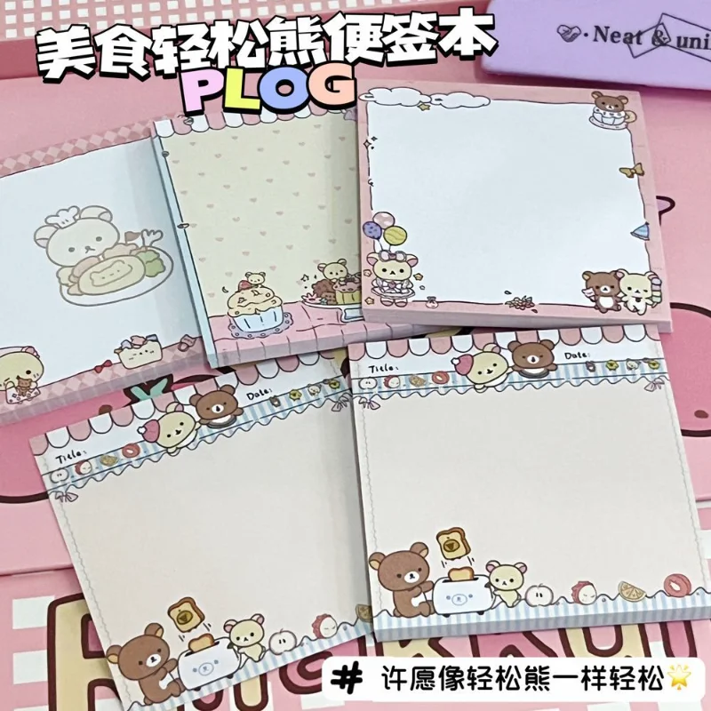 

4 Pcs Cute Rilakkuma Notepad Cartoon Foodie Bear Mini Pocket Notebook Student Portable Non Viscous Post It Note Stationery Gift