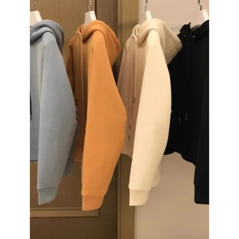 2025 New Autumn Style Plus Velvet and Thickened Design Niche Hooded Loose Versatile Casual Short Sweatshirt Women's Solid Color