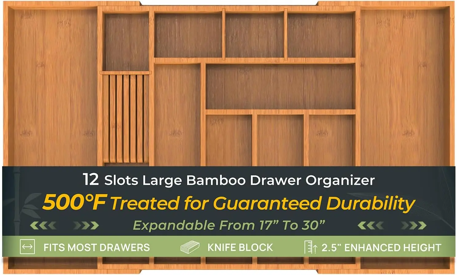 

Expandable Bamboo Silverware Organizer with 12 Slots, Deep Storage & Non-Slip Feet for Kitchen Drawers