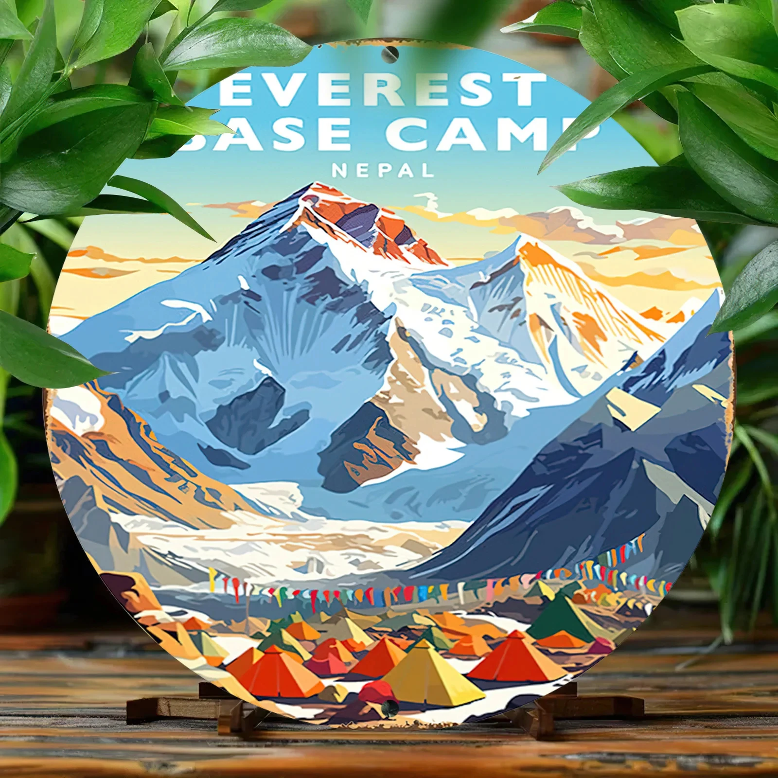 1 piece, 8x8inch (20x 20cm ) round aluminum metal plaque, vintage engraved and painted Everest Base Camp Nepal art, UV-resistant and flame-retardant